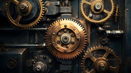 Steampunk workshop gears intricate machinery brass instruments vintage industrial copper tones