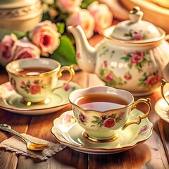 Fototapeta premium A vintage tea set arranged on a lace doily with delicate floral patterns