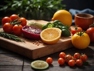 Fresh Ingredients on Wooden Cutting Board.