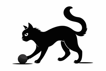 Cat playing with a ball vector silhouette, playful cat icon vector

