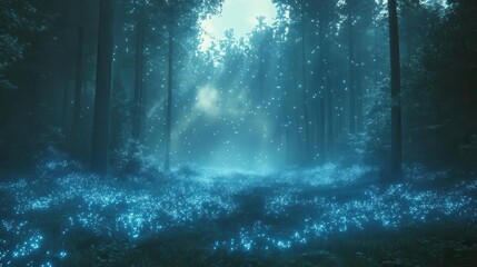 bioluminescent fairy forest mystical woodland bathed in ethereal blue light glowing flora magical ambiance misty atmosphere with shimmering particles creating an otherworldly nocturnal scene