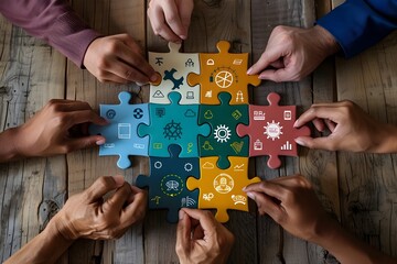 Diverse Hands Fitting Jigsaw Puzzle With Icons For Solution
