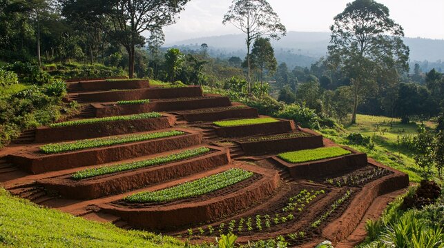 A terraced hillside farm with lush green crops growing in each tier. The slopes are carefully maintained to prevent soil erosion, with contour plowing evident in the arrangement. Surrounding the