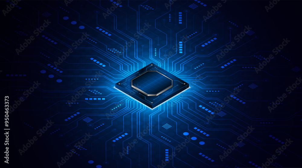 Aufkleber Microchip processor circuit board technology on dark blue background. Information Processing Concept. Circuit board hi-tech technology background. vector illustration	