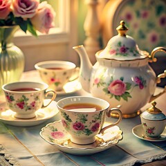 Fototapeta premium A vintage tea set arranged on a lace doily with delicate floral patterns