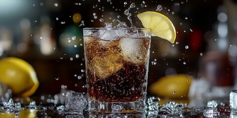 A glass of cola with ice and lemon wedge.