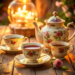 Fototapeta premium A vintage tea set arranged on a lace doily with delicate floral patterns