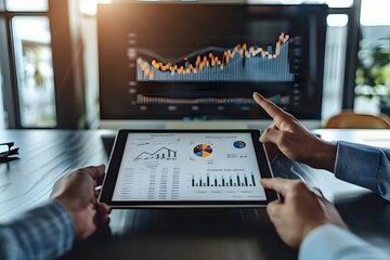 Financial Analysis Discussion with Charts on Tablet and Screen