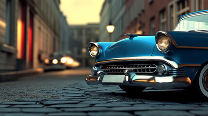 Obraz premium A classic blue car parked on a cobblestone street in a city setting. The car's headlights are on and the street is lit by streetlights.