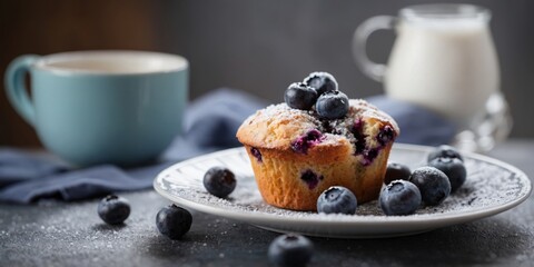 Delicious blueberry muffin topped with powdered sugar and fresh blueberries.