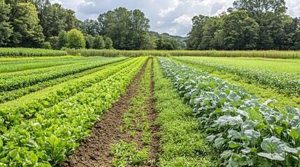 A regenerative farm with diverse cover crops growing between rows of main crops, enriching the soil and promoting healthy growth. The field is surrounded by trees and natural vegetation, supporting a