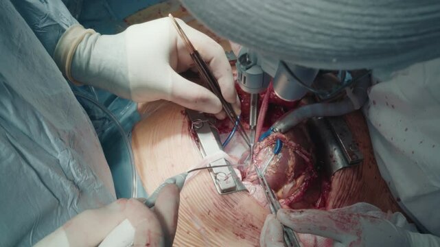 Surgeon attaches graft vessels to artery. Experienced doctor with assistant performs coronary artery bypass surgery in operating room closeup
