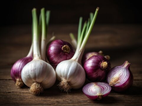 Fresh garlic bulbs and small onions on rustic background.