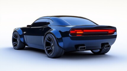 A sleek black sports car with a rear spoiler and dual exhaust pipes.  The car is isolated on a white background.