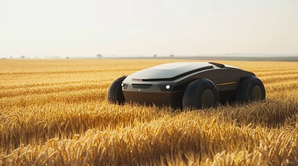 An agricultural robot equipped with advanced sensors, moving through a field of wheat. The robot is scanning the crops for pests and diseases, ensuring optimal health. The field is golden and