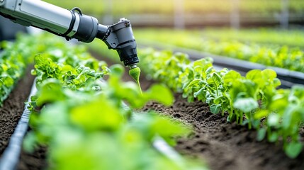 A close-up of a robotic arm applying fertilizer to crops in a controlled environment. The arm is precise, ensuring that each plant receives the exact amount of nutrients needed. The background