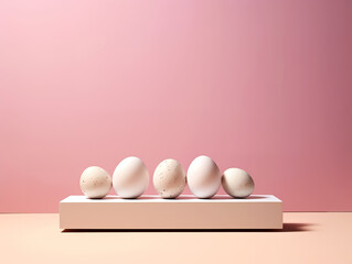 Easter composition with egg and white glass on pastel pink fur background Modern aesthetic