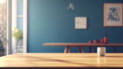 A wooden table with a cup on it in a room with a blue wall and a window.