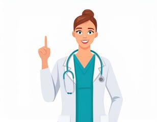 Fototapeta premium Doctor, medicine, healthcare concept. Young smiling woman doctor therapist in white uniform cartoon character standing and showing having idea with finger. Medicare, therapist, pharmacist illustration