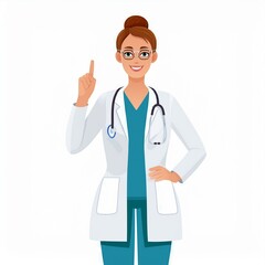 Fototapeta premium Doctor, medicine, healthcare concept. Young smiling woman doctor therapist in white uniform cartoon character standing and showing having idea with finger. Medicare, therapist, pharmacist illustration