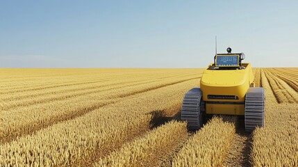 Obraz premium An agricultural robot equipped with AI technology, moving through a field of wheat. The robot is analyzing the crops for signs of disease, pests, or nutrient deficiencies, using advanced algorithms