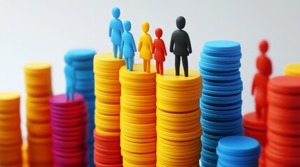 Colorful figures stand atop stacks of coins representing inequality and financial disparity.