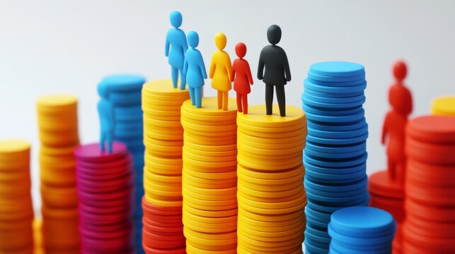 Colorful figures stand atop stacks of coins representing inequality and financial disparity.
