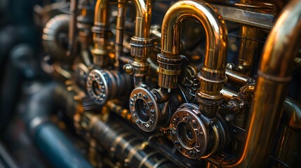 Brass instruments gears intricate machinery steampunk-inspired workshop vintage industrial heavy textures