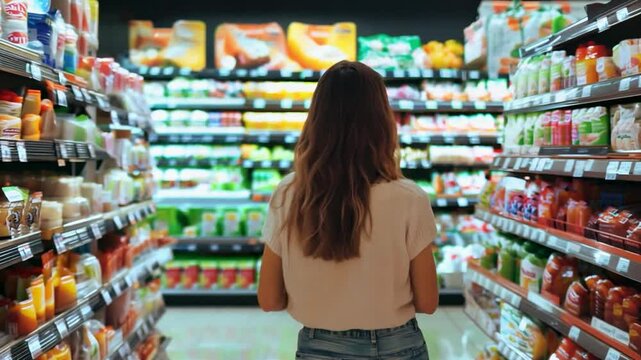 A woman stands in a grocery store aisle, browsing the extensive selection of food and household items on the shelves around her. Bright packaging and vibrant colors create an inviting atmosphere. - Powered by Adobe