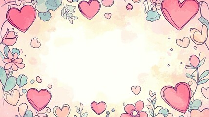 A soft gradient background with cute illustrations of hearts and flowers around the edges, leaving a blank space in the middle for text. The design is charming and romantic.