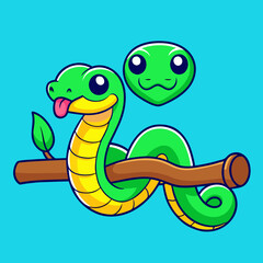 Cute Snake On Branch Cartoon Vector Icon Illustration.