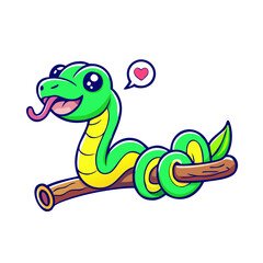 Fototapeta premium Cute Snake On Branch Cartoon Vector Icon Illustration.