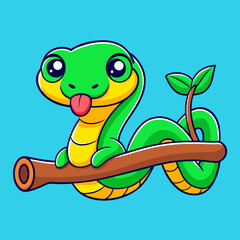 Cute Snake On Branch Cartoon Vector Icon Illustration.