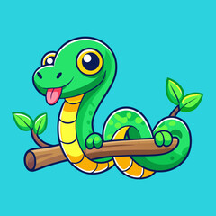 Cute Snake On Branch Cartoon Vector Icon Illustration.