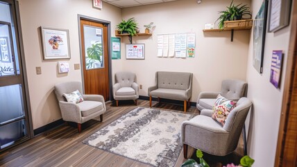 A relaxation area with a bulletin board displaying wellness tips, mental health resources, and inspiring stories