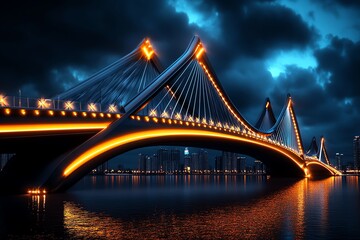 Obraz premium Bridge Cable-Stayed, Futuristic, and Nighttime visualized in a futuristic city where a cable-stayed bridge glows with neon lights, its design both innovative and visually stunning against the