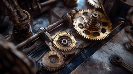 Gears intricate machinery steampunk-inspired workshop brass instruments vintage industrial heavy textures