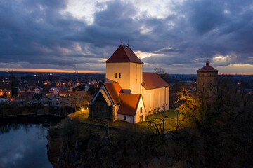 Beucha with mountain church and heart lake at blue hour