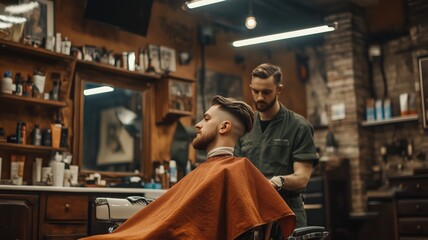 Charismatic barber interacting with a client in a barbershop. The scene captures a friendly and engaging atmosphere in a professional grooming setting.
