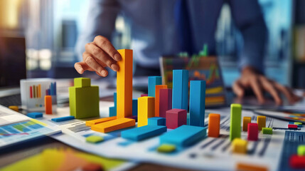 A businessman builds a colorful block tower on a desk covered in financial charts and graphs.  He focuses on building a strong foundation for success.