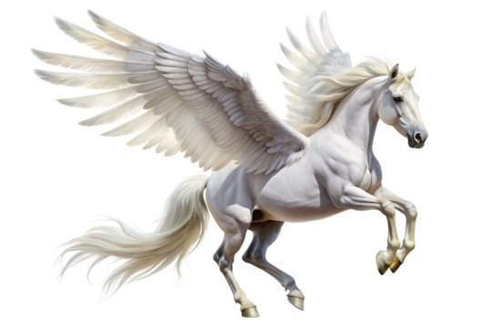 Majestic white winged horse, Pegasus, in flight,  isolated on a white background 