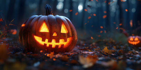 Halloween evening scene with pumpkins Jack O Lantern with evil face on dark background