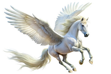 Majestic white winged horse, Pegasus, in flight,  isolated on a white background 
