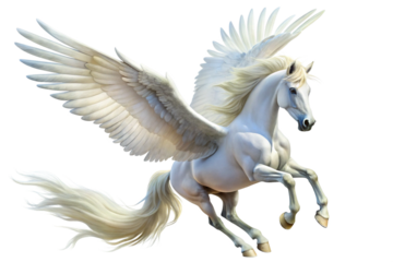 Majestic white winged horse, Pegasus, in flight,  isolated on a white background 