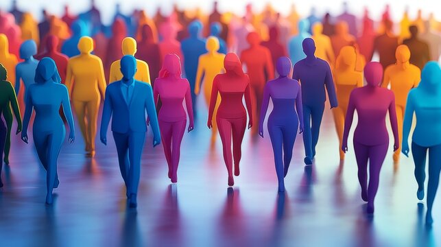 A diverse crowd of colorful figures walking forward, symbolizing unity, community, and shared direction.
