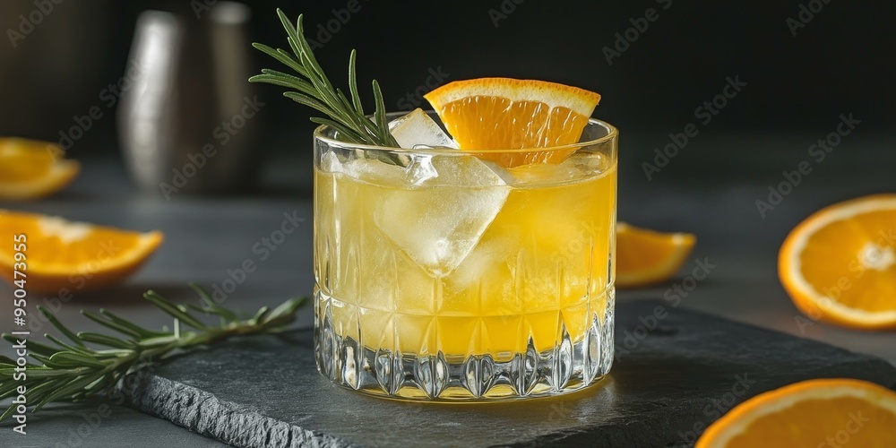 Wall mural Orange cocktail with rosemary garnish and ice.