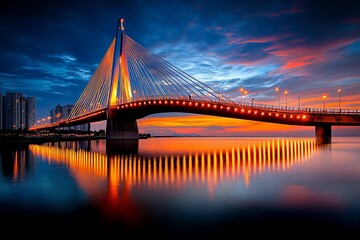 Obraz premium Bridge Cable-Stayed, Futuristic, and Sunset visualized in a cityscape where a cable-stayed bridge glows in the warm light of the setting sun, its sleek lines highlighted against the colorful