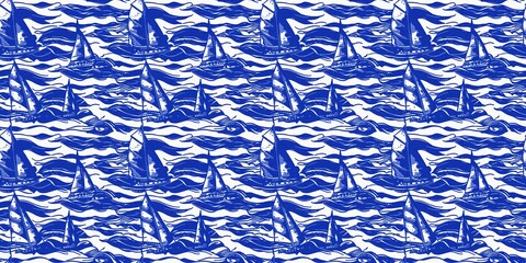 Coastal sail boat in azure ocean blue seamless border background, Modern sailing race boat block print banner for decorative coast interior furnishing fabric edge trim. 