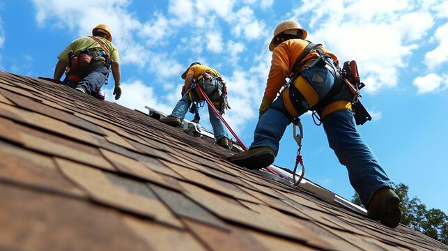 Two skilled roofers wearing safety harnesses and using tools while working on a steep roof of a residential or commercial building