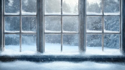 Snow-covered window offering a serene view of a winter wonderland, creating a peaceful and cozy atmosphere indoors.